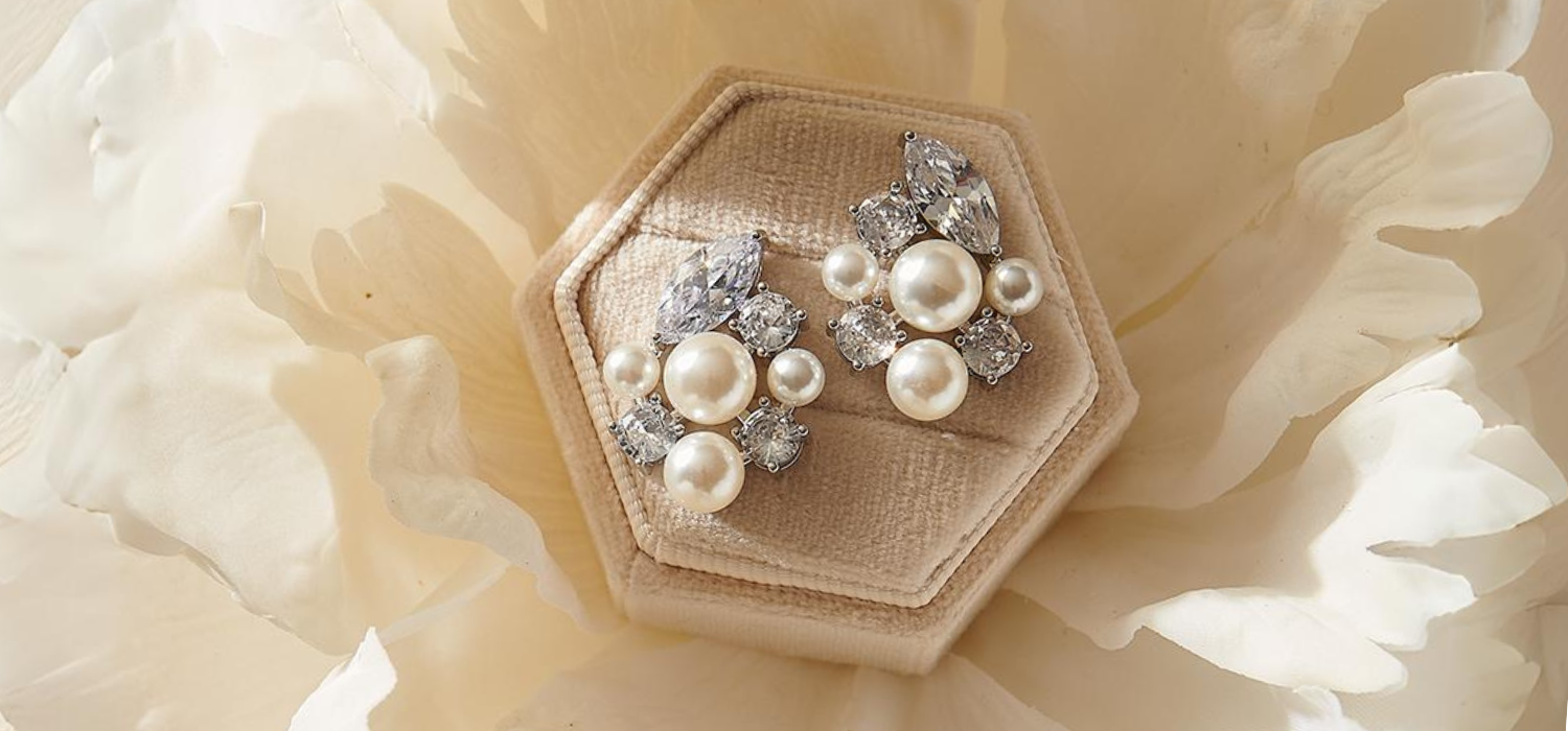 Pearl and Cubic Zirconia Cluster Stud Earrings for Bride on Wedding Day