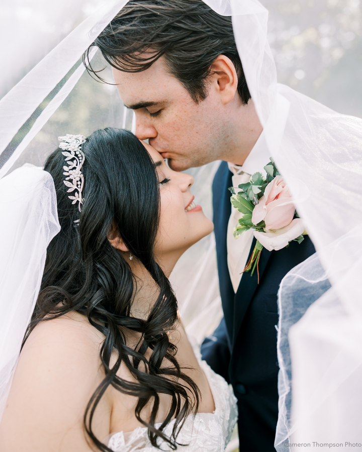 Bride wearing veil and tiara and groom on wedding day