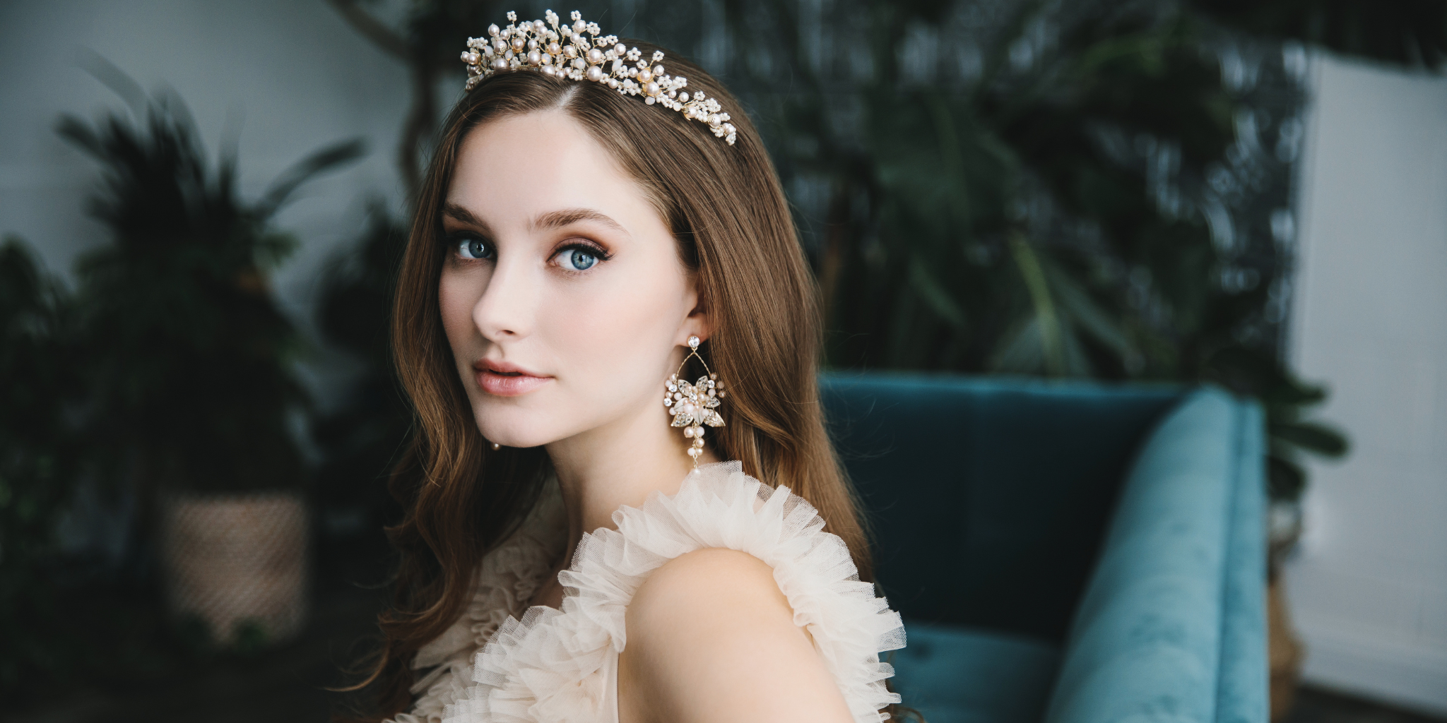 Floral Bridal Crown with Opals Crystals Pearls and Beads in Gold for Weddings