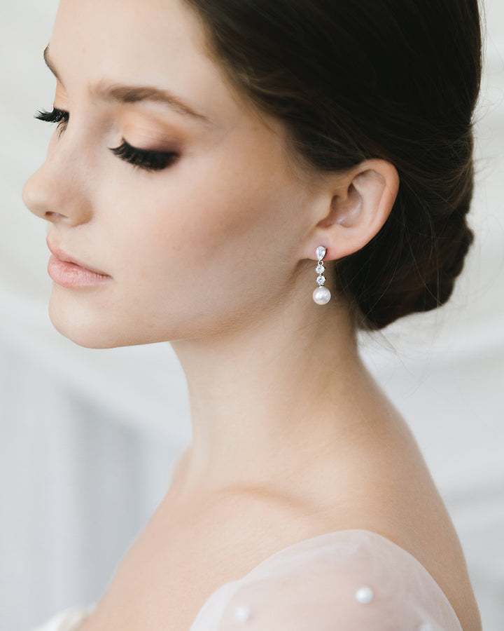 Pearl Drop Wedding Earrings with CZs