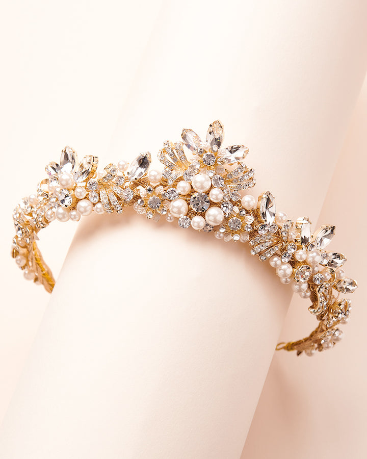 Gold Tiara Pearls Crystals