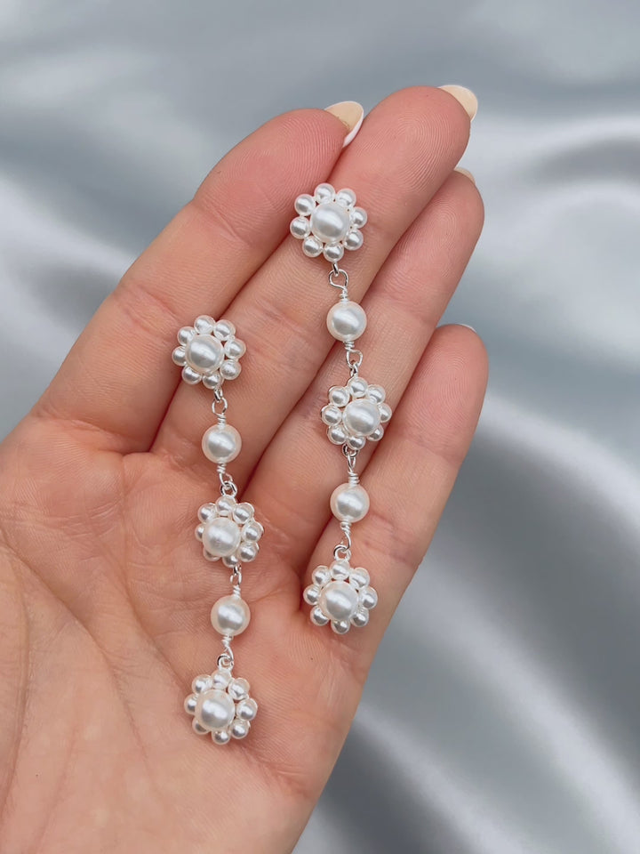 Off White Floral Pearl Dangle Wedding Earrings