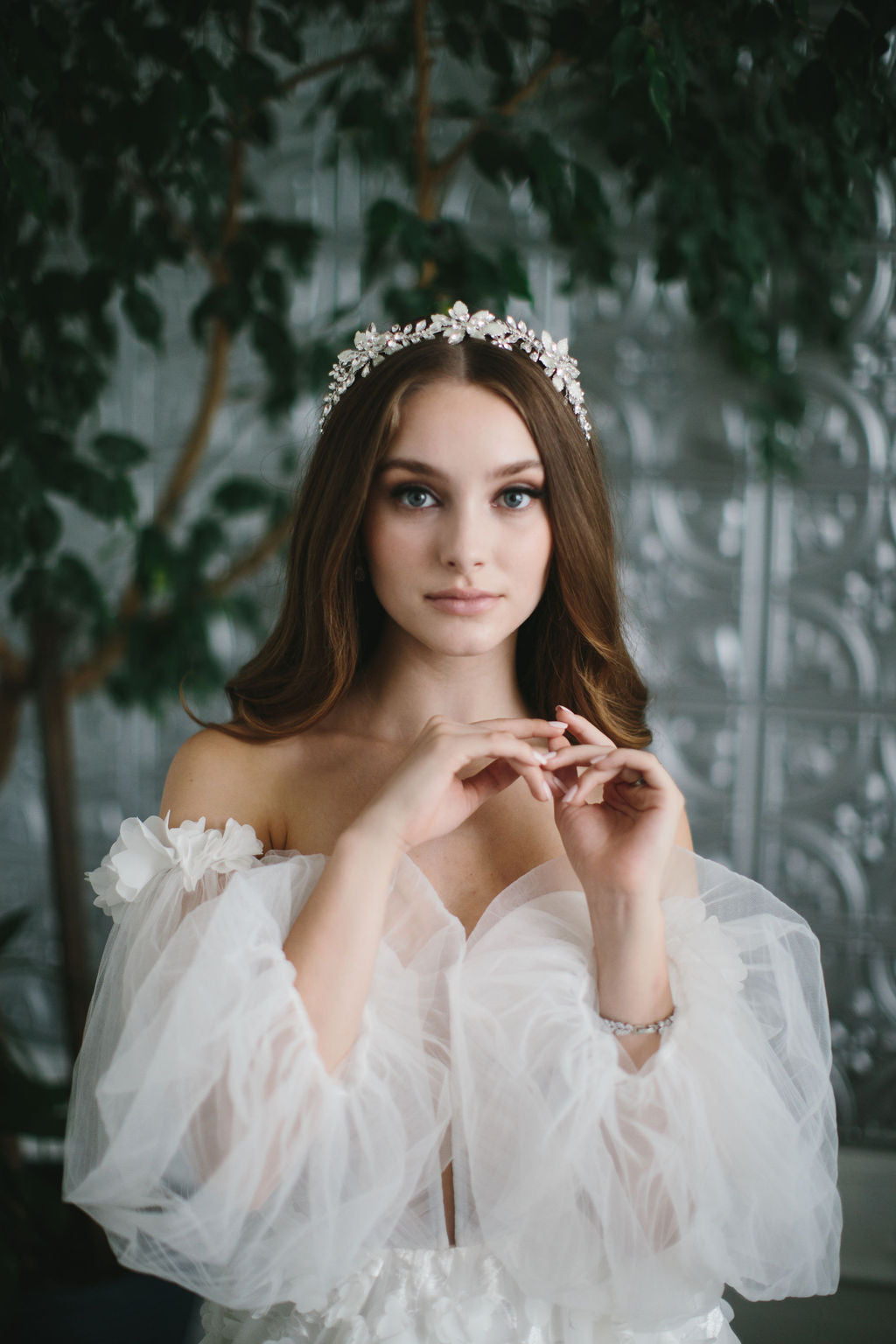 Floral & Crystal Wedding Crown for Bride
