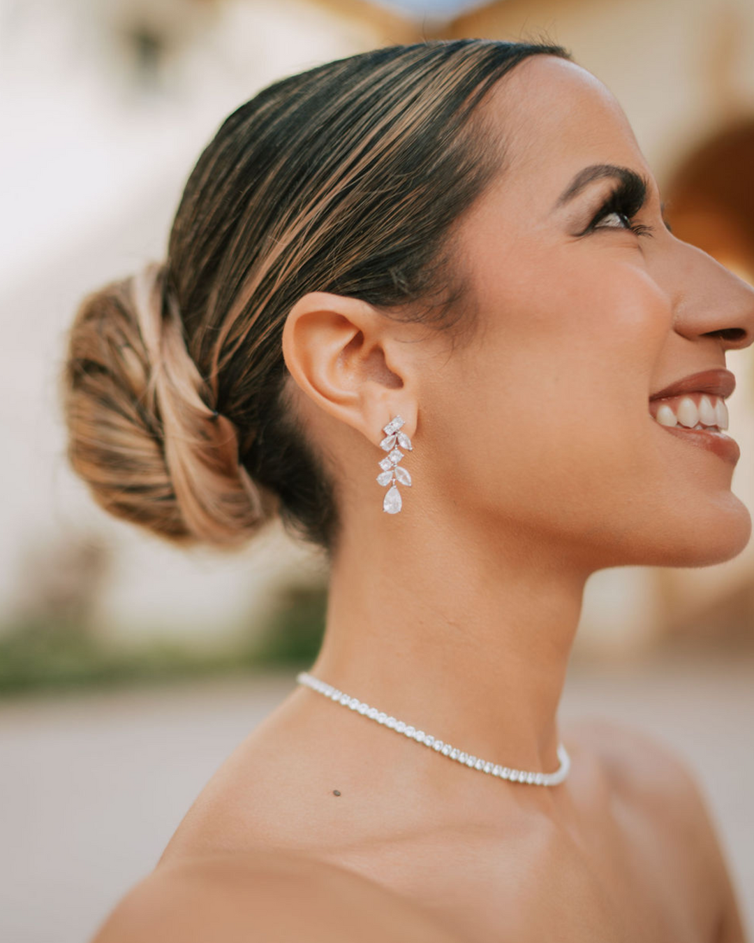 Cubic Zirconia Floral Dangle Earrings in Silver