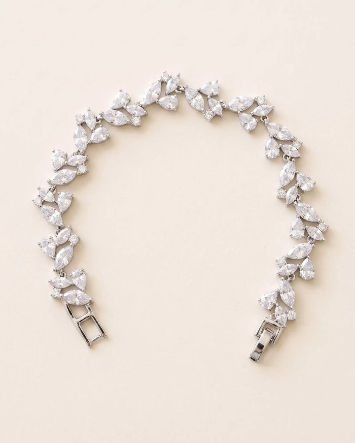 Joslyn bridal bracelet with marquise and pear-cut cubic zirconia in a silver leaf cluster design