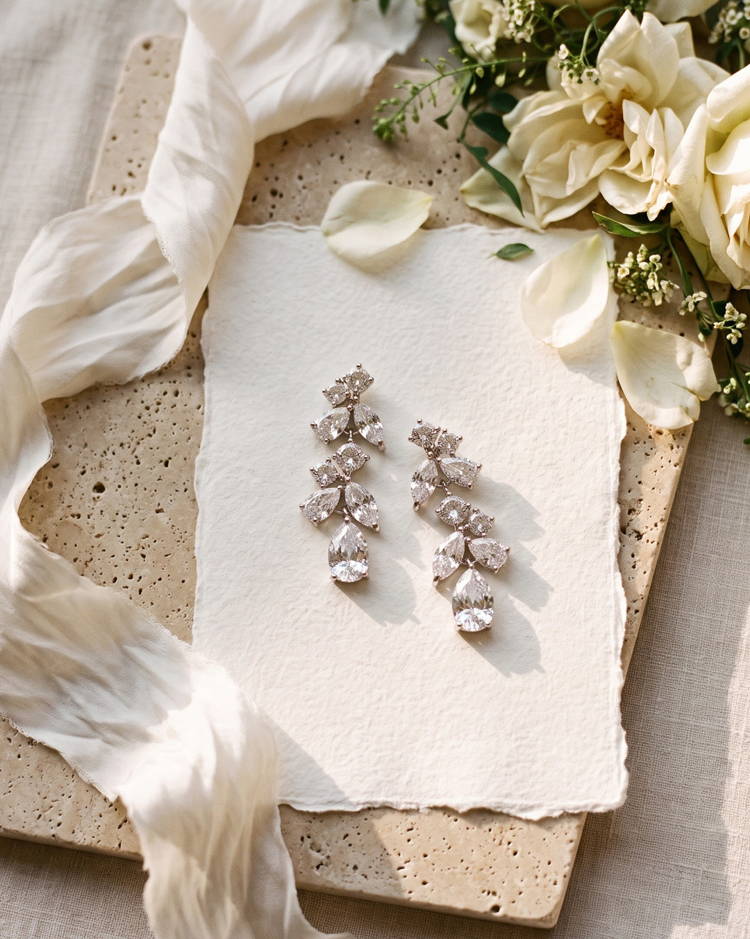 Petite Scattered Vine wedding earrings on deckle paper with cream roses and ribbon