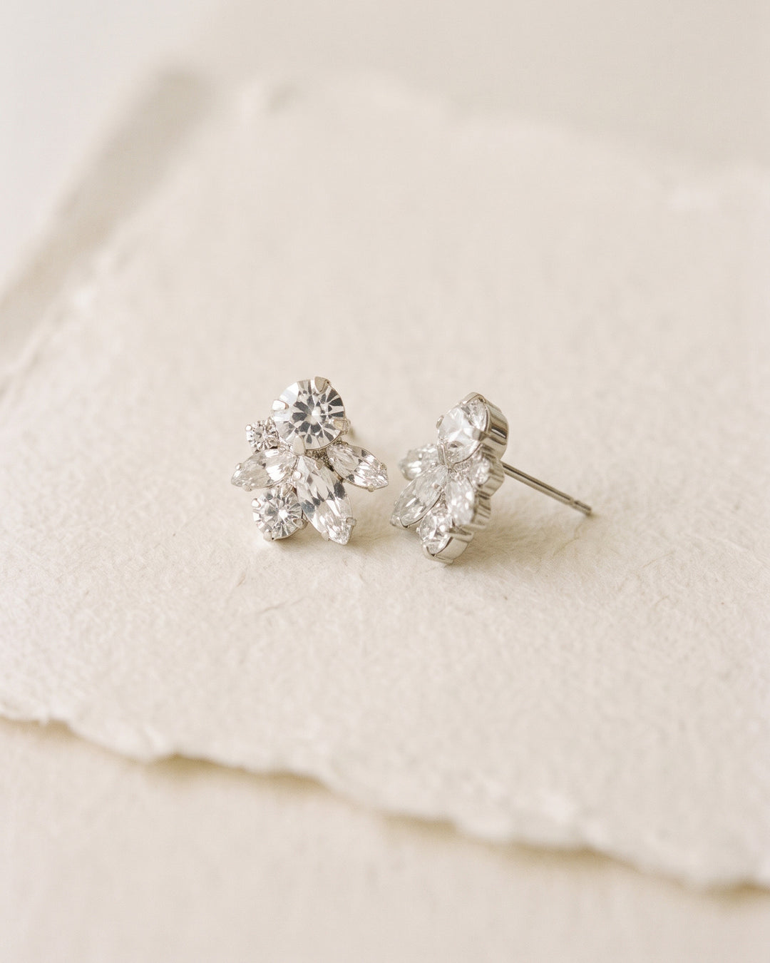 Janelle crystal cluster stud earrings on soft ivory handmade paper