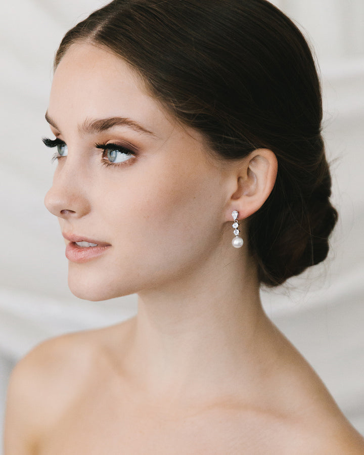 Delicate Pearl CZ Wedding Earrings