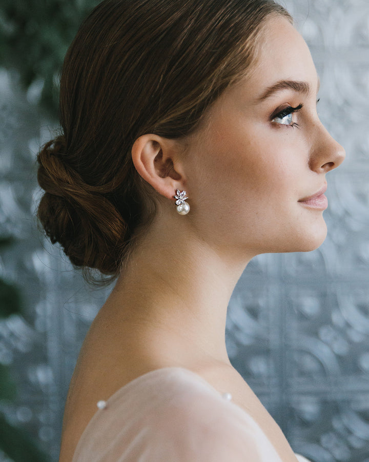 CZ Pearl Stud Flower Wedding Earrings
