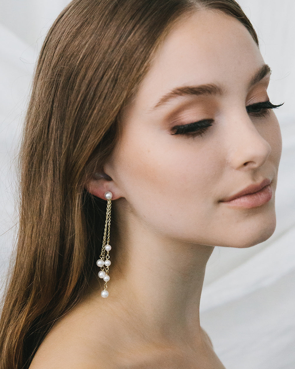 Off White Pearl Chain Duster Earrings for Bride