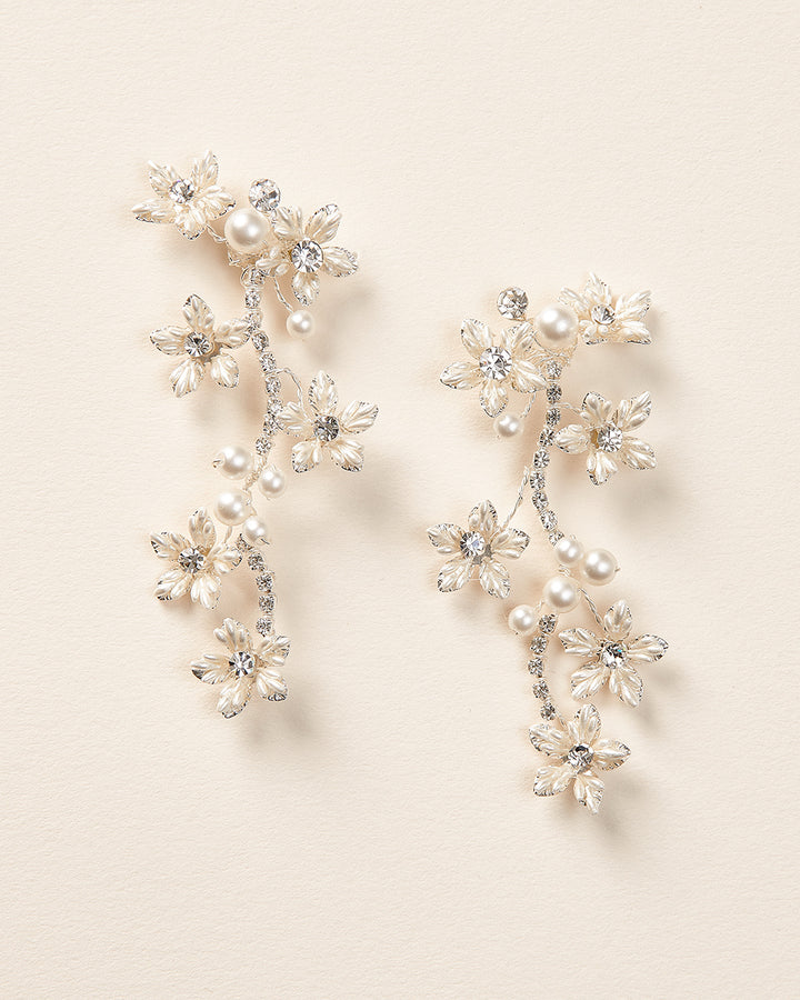 Flower Pearl Rhinestone Silver Statement Earrings