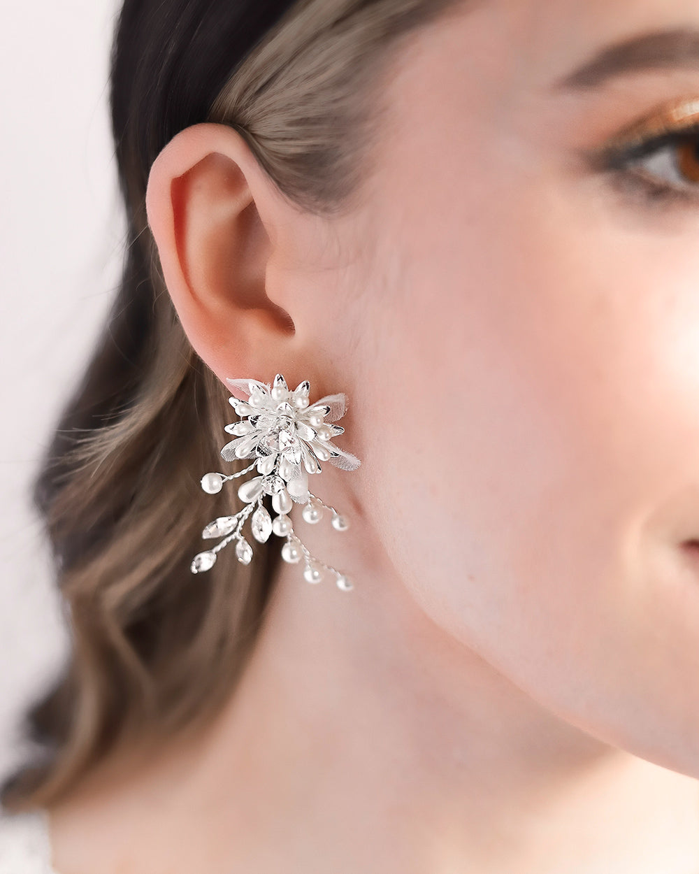 Silver Flower Tulle Petal Earrings with Pearls and Rhinestones