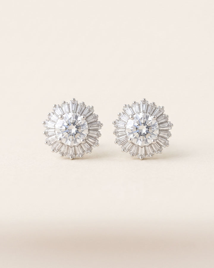 Shivani Studs — cubic zirconia sunburst stud earrings with baguette and round-cut stones in silver