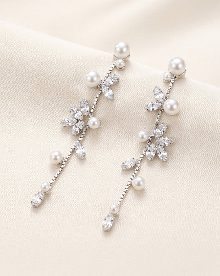 Katrina silver bridal earrings with a cascading line of marquise cubic zirconia and pearls