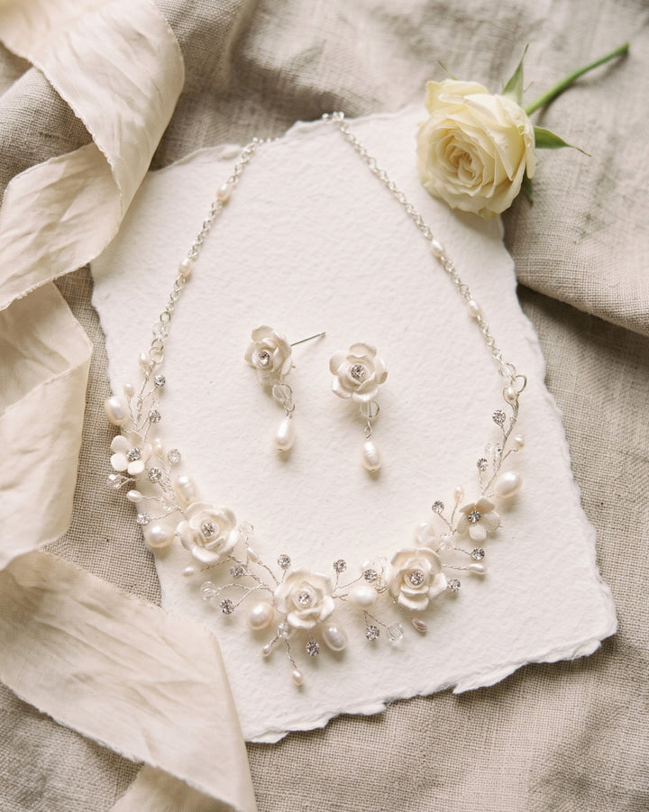 Rose Flower floral necklace and earrings on handmade paper with ivory ribbon and a white rose