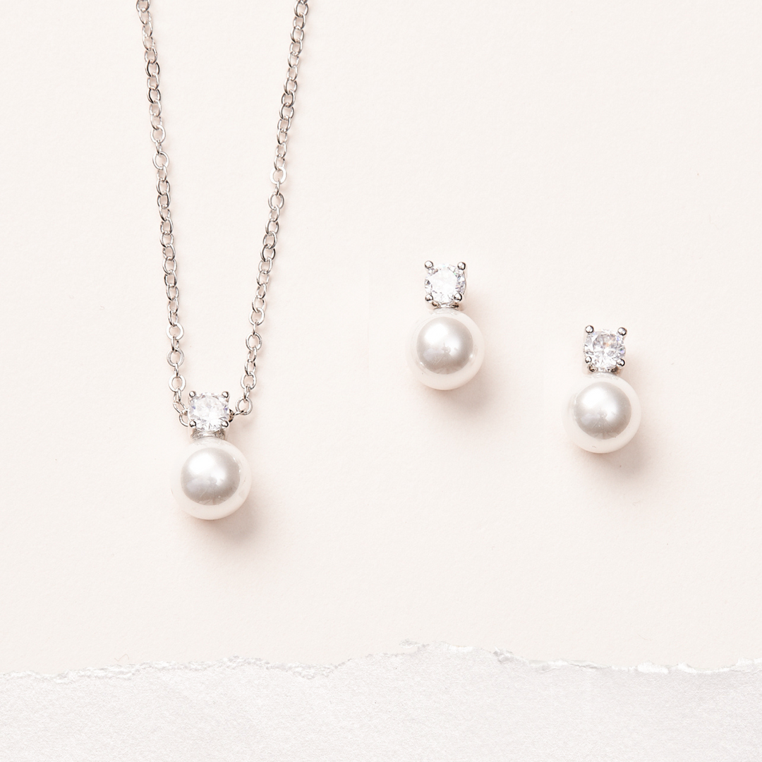 Cubic Zirconia and Pearl Stud Earrings and Pendant Necklace