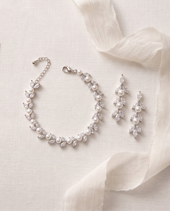 Sydney Pearl bridal earrings and matching bracelet in silver with cubic zirconia leaves and pearls