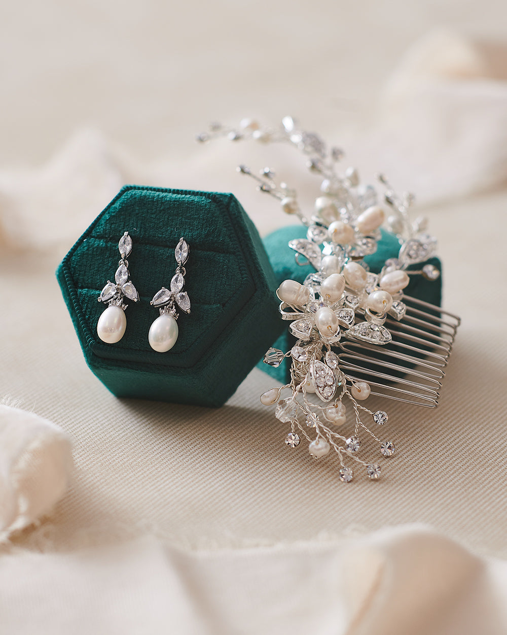 Pearl Comb and Pearl Dangle Earrings