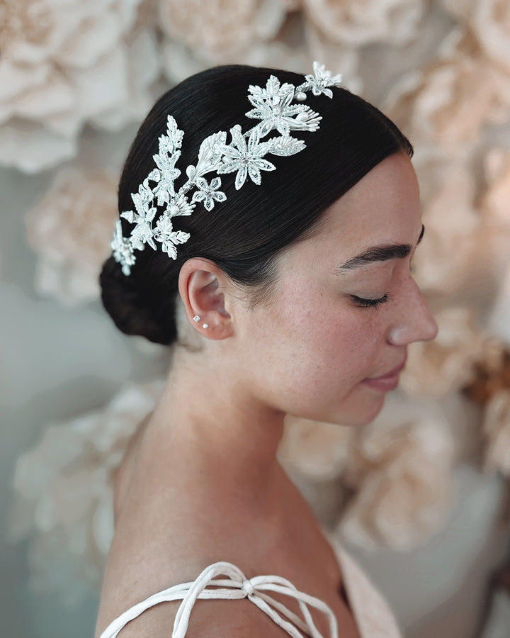 Floral wedding hair accessory for bride with pearls and rhinestones