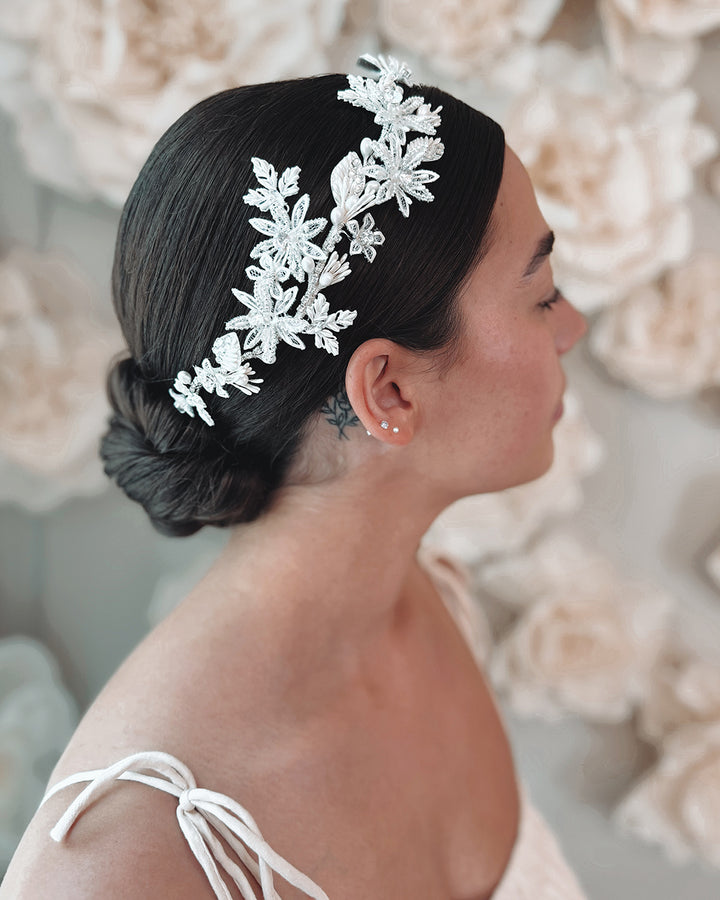 Flower headband for wedding with pearls, crystals and rhinestones