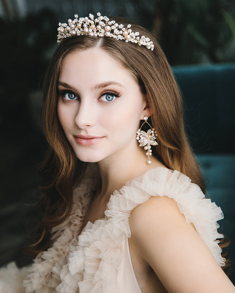 David\'s Bridal Gold Bead Pearl & Diamond Romantic Fair Princess Tiara Hair Piece David main image 2