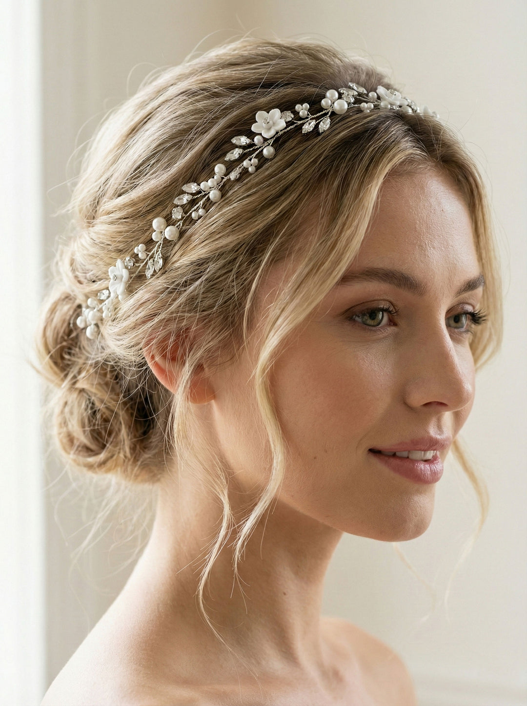 Bride wearing floral hair vine