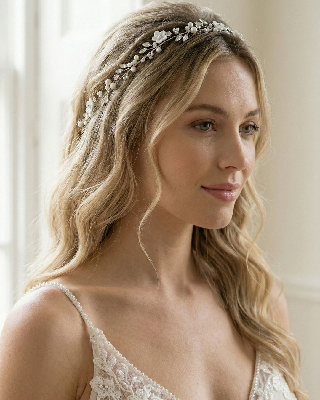Bride with long hair wearing floral hair vine