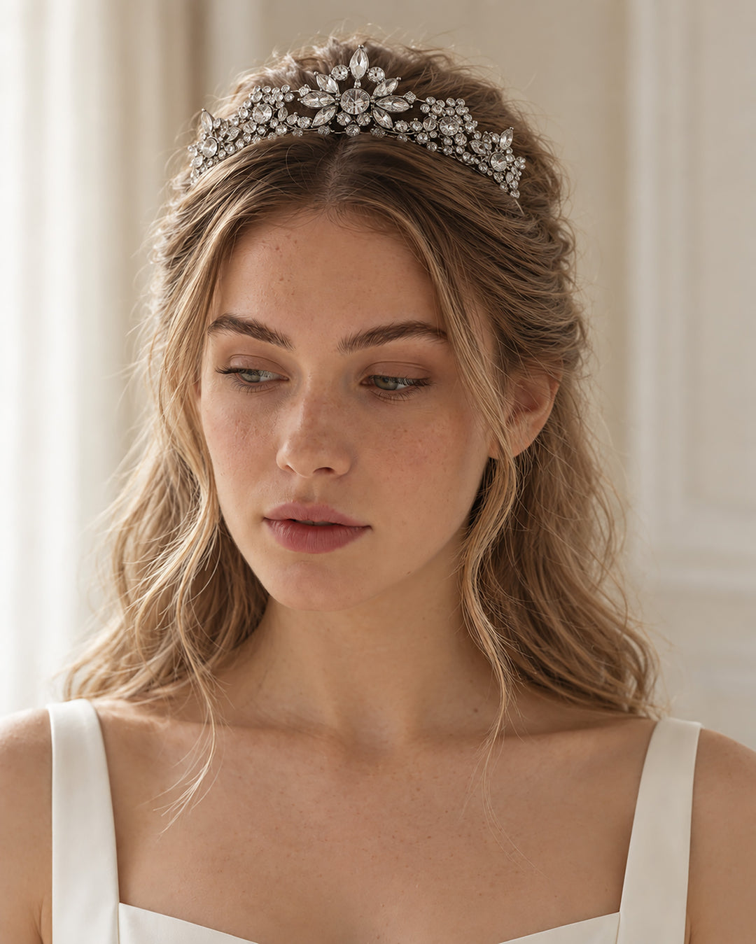 Bride with soft waves wearing a silver rhinestone floral tiara across her crown