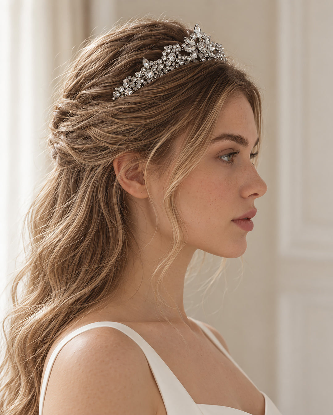 Side profile of a bride with a half-up style wearing a silver rhinestone bridal tiara