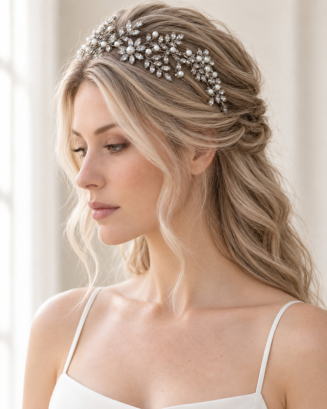 Liora silver bridal headband with rhinestone leaves and ivory pearls worn with soft half-up wedding waves