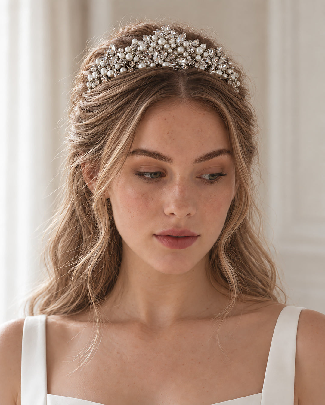 Bride with soft waves wearing a densely clustered silver crystal and pearl crown tiara