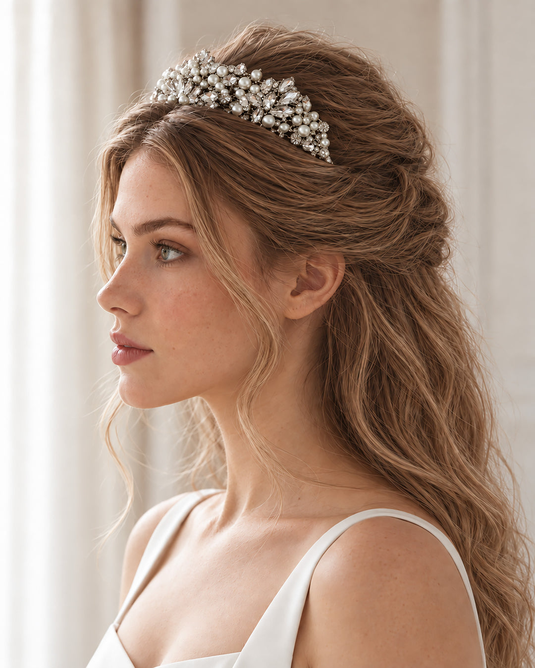 Side profile of a bride with waves wearing a statement silver pearl and crystal tiara