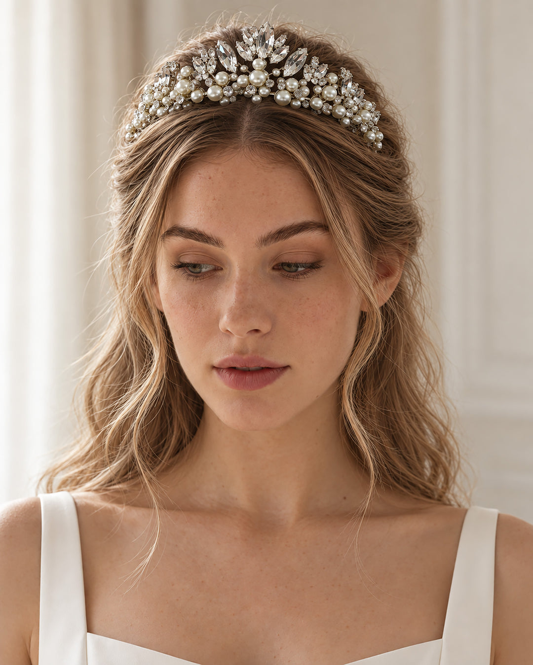 Bride with loose waves wearing a silver pearl and crystal tiara with a center peak