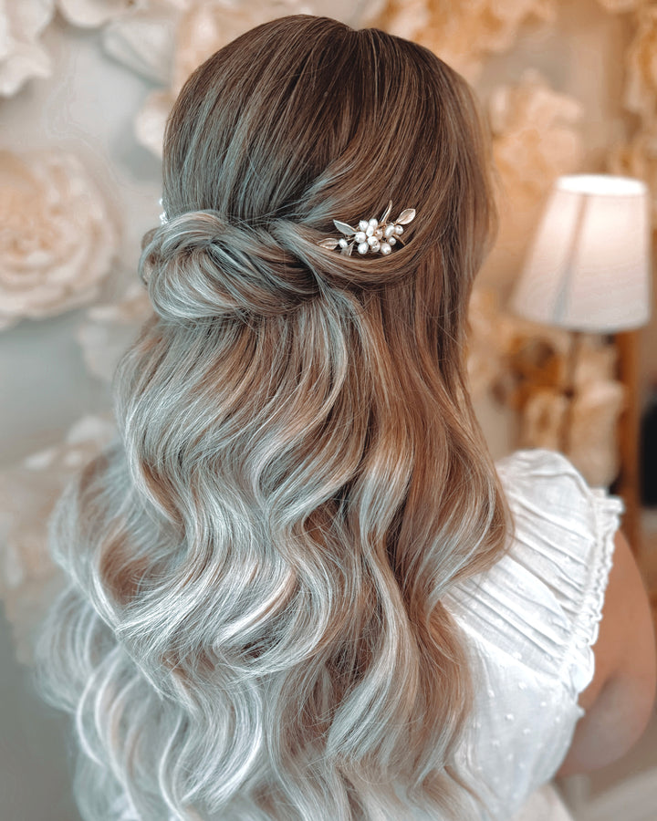 Floral hair pin with freshwater pearls in half up and down hairstyle