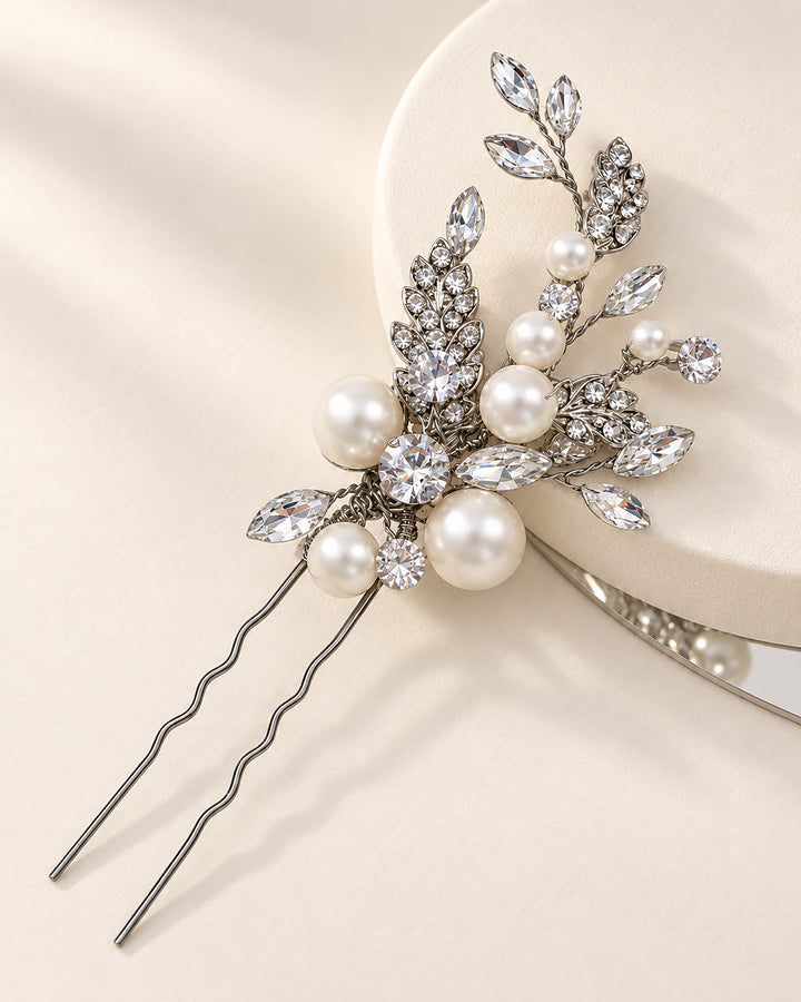 Silver bridal hair pin with etched marquise rhinestone leaves and pearls of varying sizes