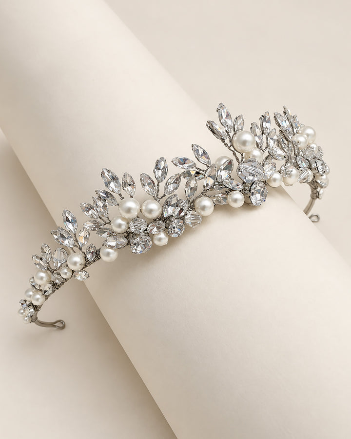 Full view of the Amalie hand-wired tiara, with a center peak that tapers to pin-loop ends