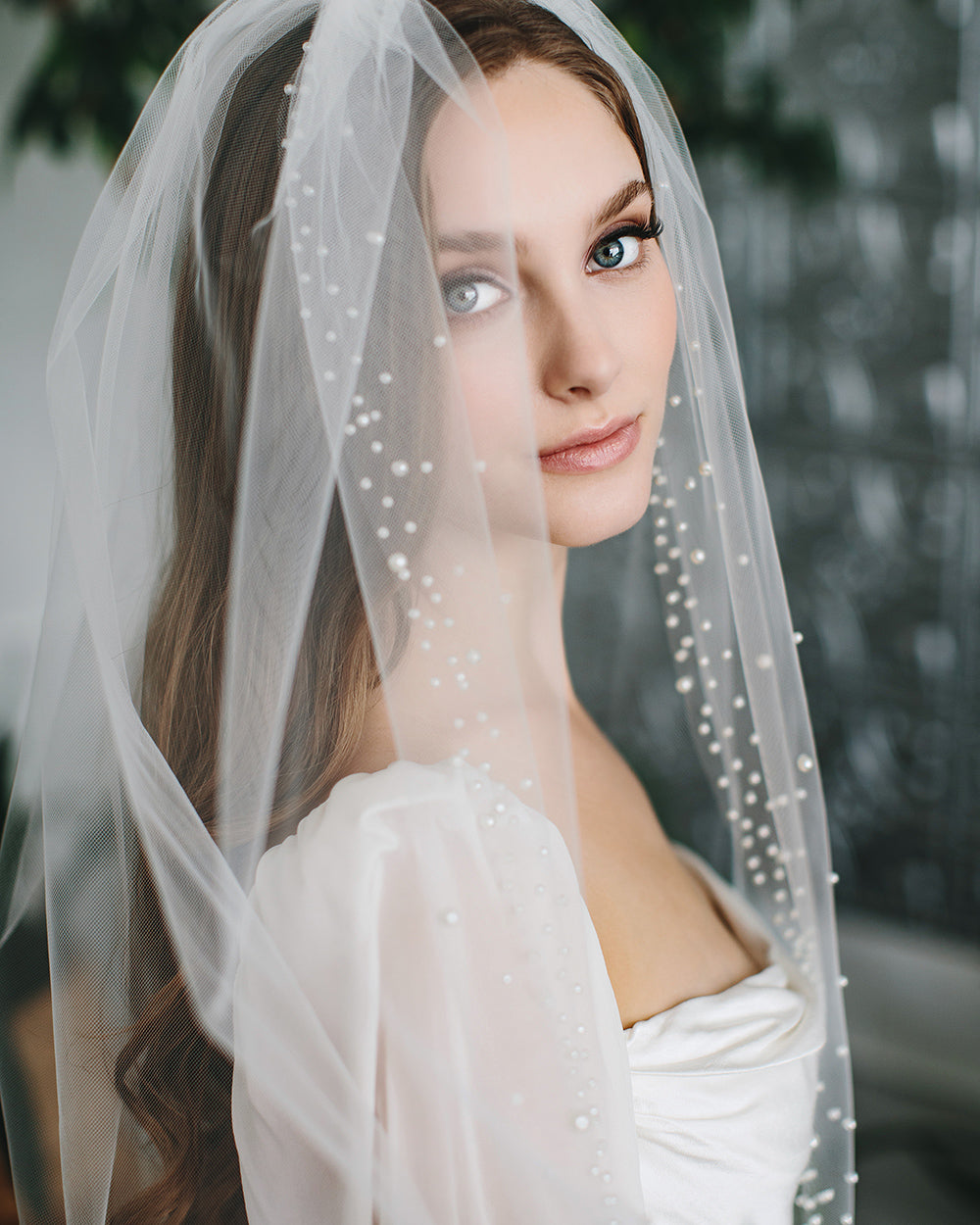 Scattered Pearl and Crystal Chapel Length Wedding Veil