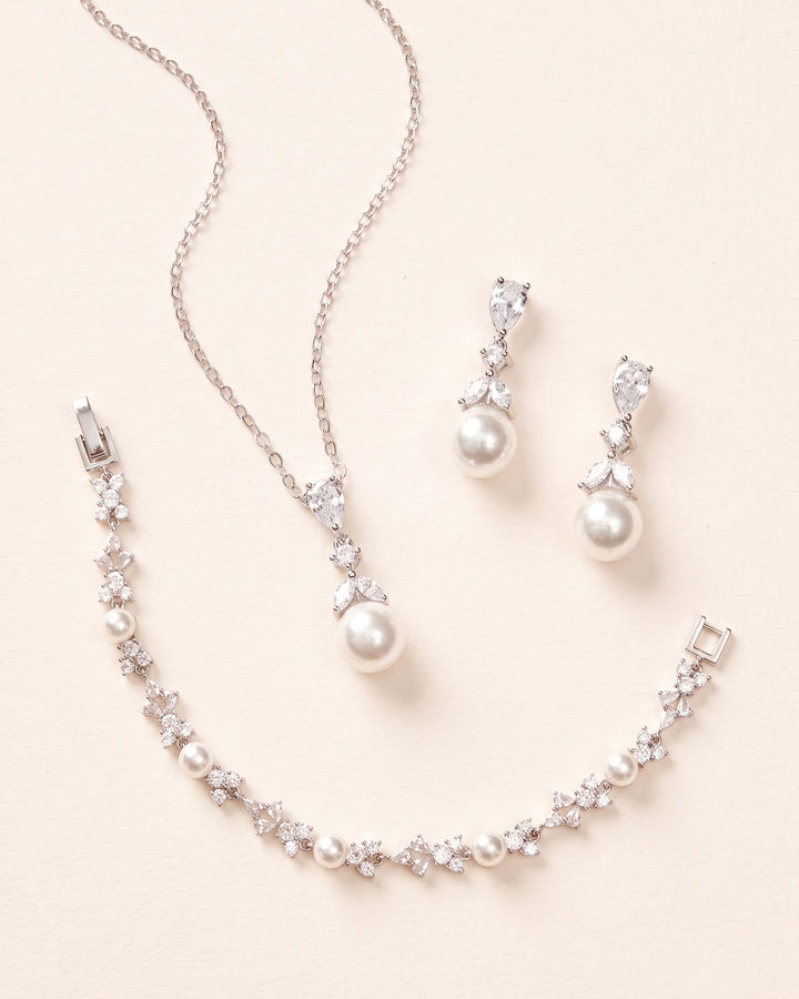 Kelsey Pearl Pendant, Earrings and Bracelet Set in silver, a matching bridal jewelry set with pearls and cubic zirconia