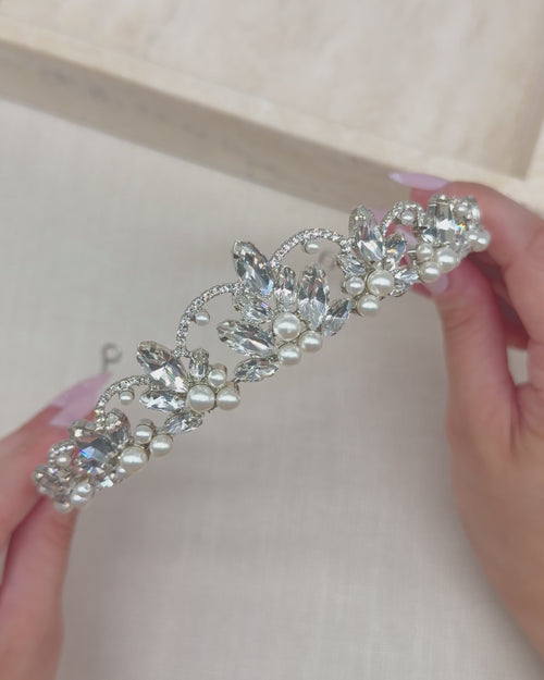 Video of a silver scalloped crown tiara with marquise rhinestones and clustered pearls