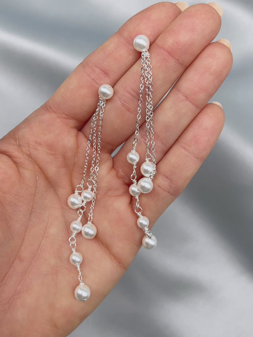 Off White Pearl Chain Duster Earrings for Wedding Day