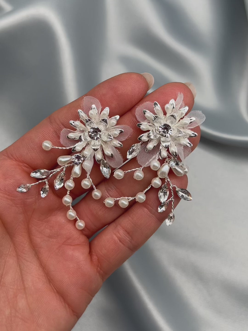 Flower Pearl Rhinestone Tulle Petal Earrings for Weddings or Special Occasions