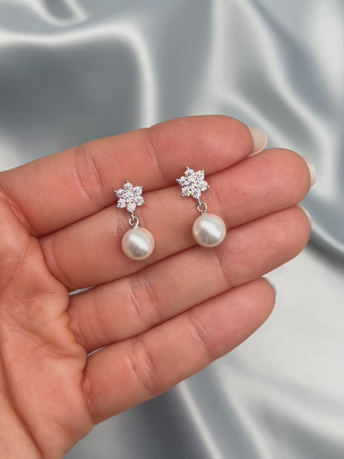 Cubic Zirconia Flower Stud Earrings with Ivory Pearl Dangle Drop