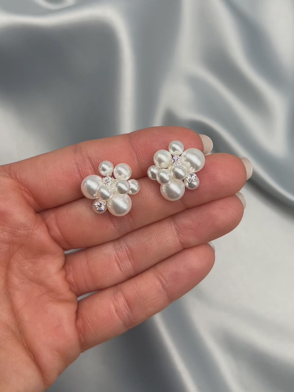 Pearl Cluster Stud Earrings with CZ Accents for Brides