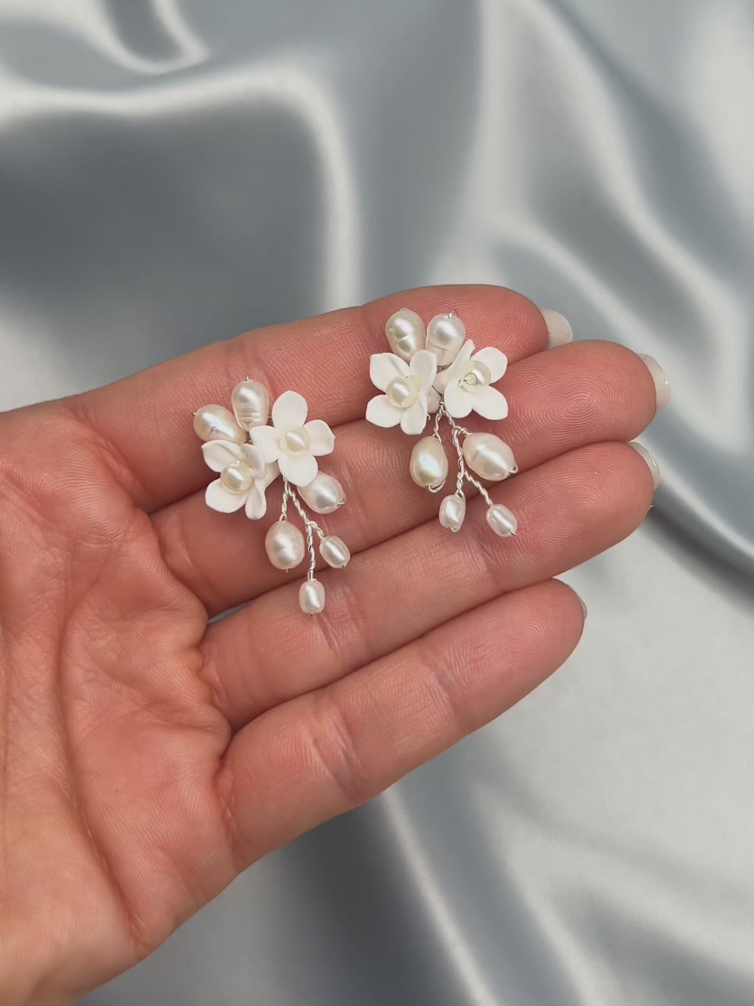 Freshwater Pearl and Flower Wedding Earrings in Silver