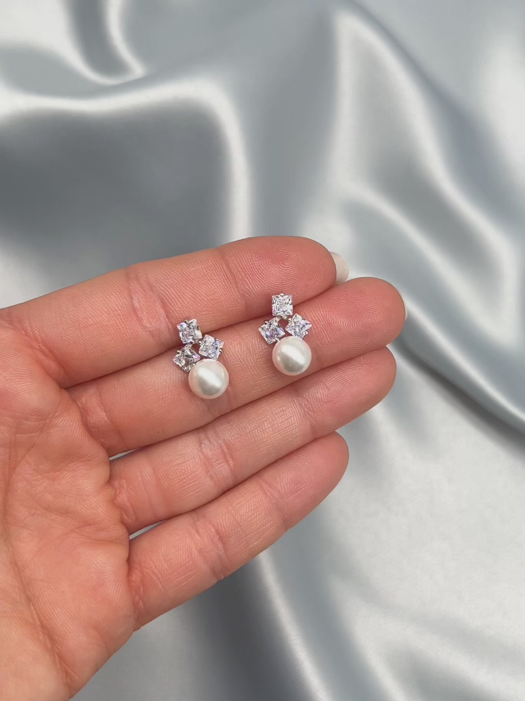 Cubic Zirconia and Ivory Pearl Stud Earrings