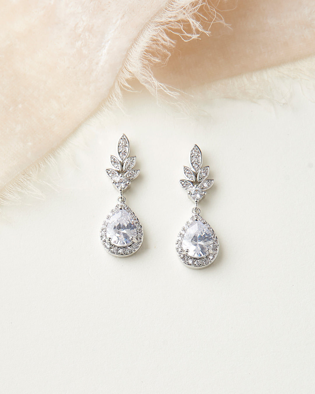 Silver Floral CZ Wedding Drop Earrings