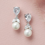 Silver Floral Crystal & Pearl Drop Bridal Earrings