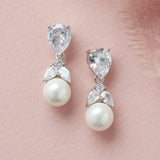 Silver Floral Crystal & Pearl Drop Bridal Earrings