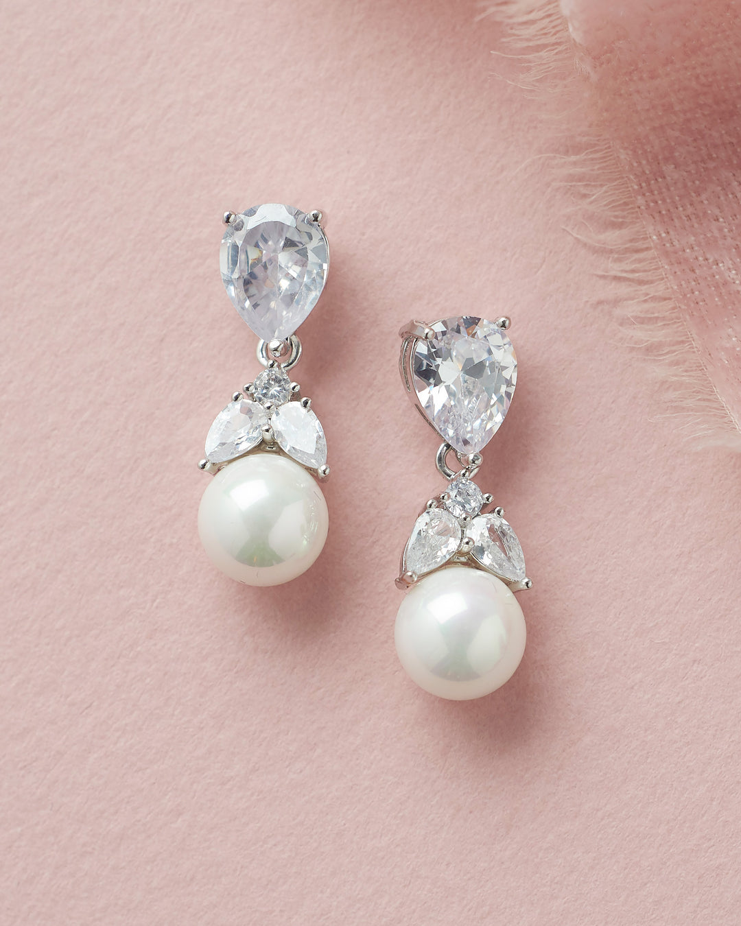 Silver Floral Crystal & Pearl Drop Bridal Earrings