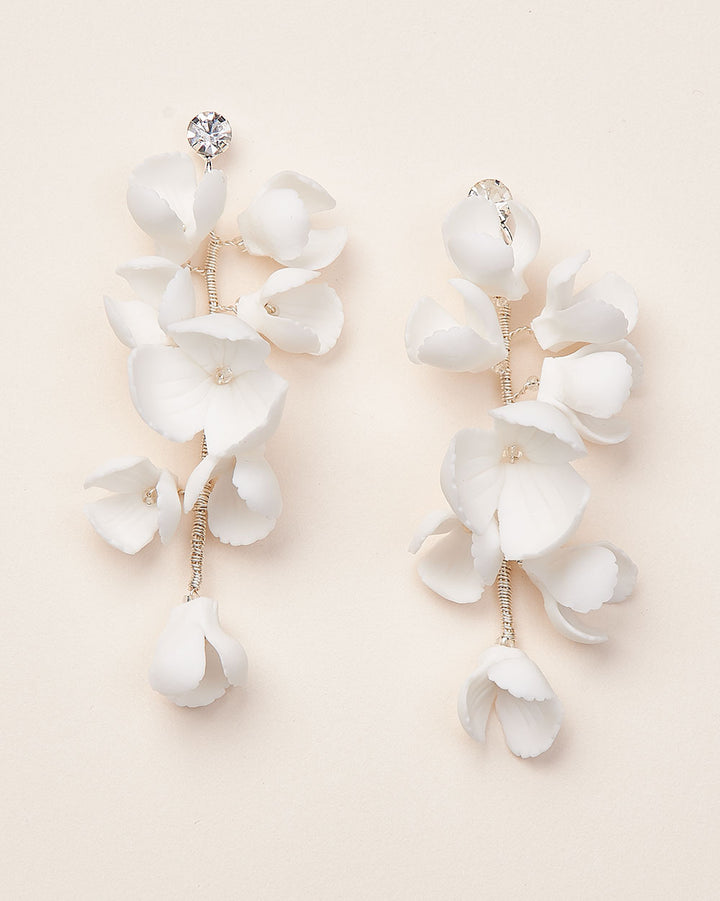 Silver Floral & Crystal Statement Wedding Drop Earrings